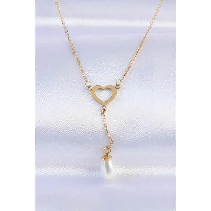 BUĞZ 316L Çelik Zincir Gold Renk İnci Taş Detay Kalp Kolye