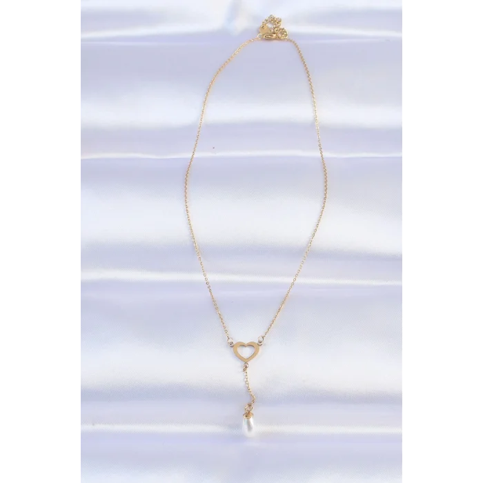 BUĞZ 316L Çelik Zincir Gold Renk İnci Taş Detay Kalp Kolye