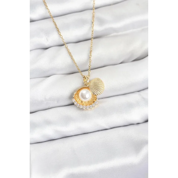 BUĞZ 316L Çelik Zincir Gold Renk İncili Deniz Kabuğu Model Zirkon Taşlı Kadın Kolye