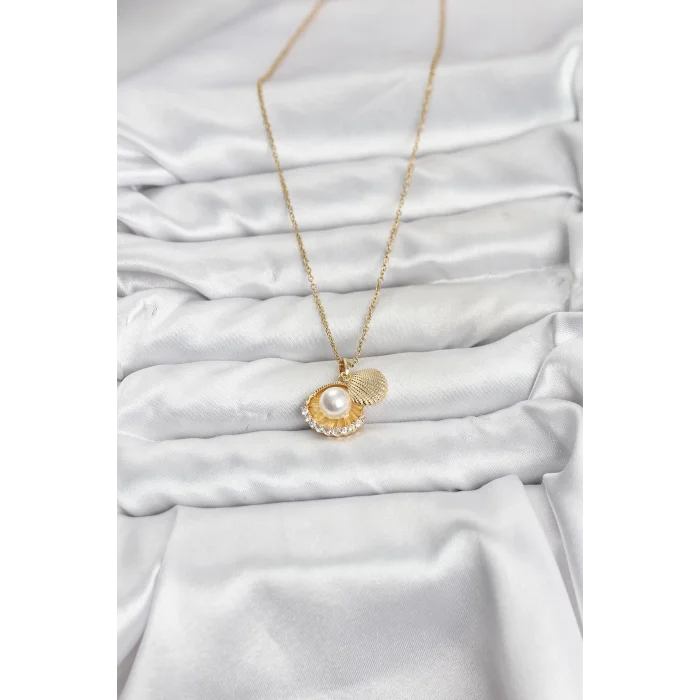 BUĞZ 316L Çelik Zincir Gold Renk İncili Deniz Kabuğu Model Zirkon Taşlı Kadın Kolye - BUĞZ