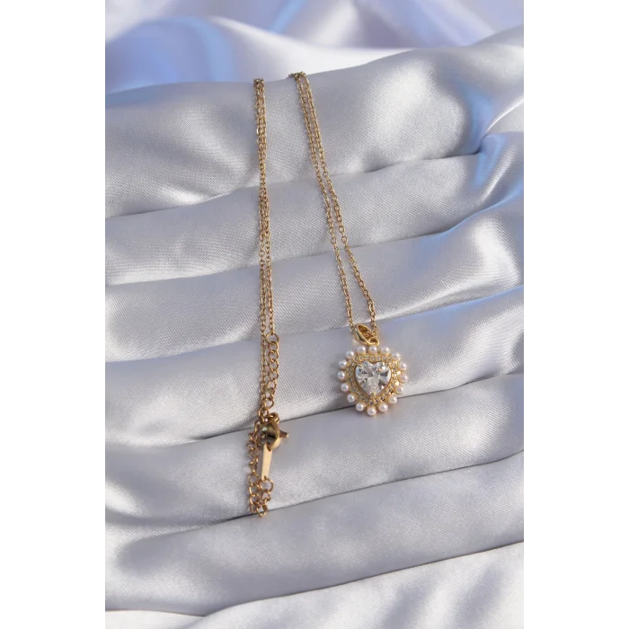 BUĞZ 316L Çelik Zincir Gold Renk İncili Zirkon Taşlı Kalp Tasarımlı Kolye - Lisinya