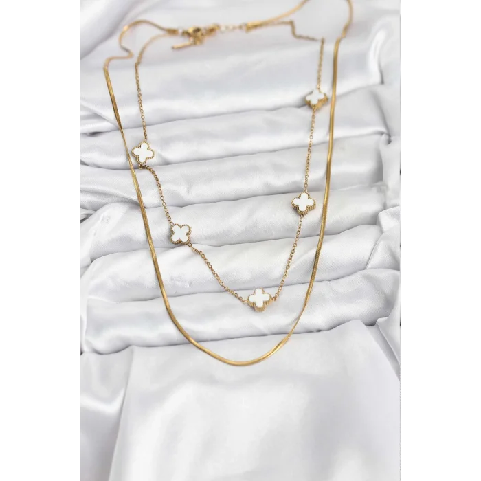 BUĞZ 316L Çelik Zincir Gold Renk İtalyan Zincirli Yonca Model Kadın Kolye - Lisinya