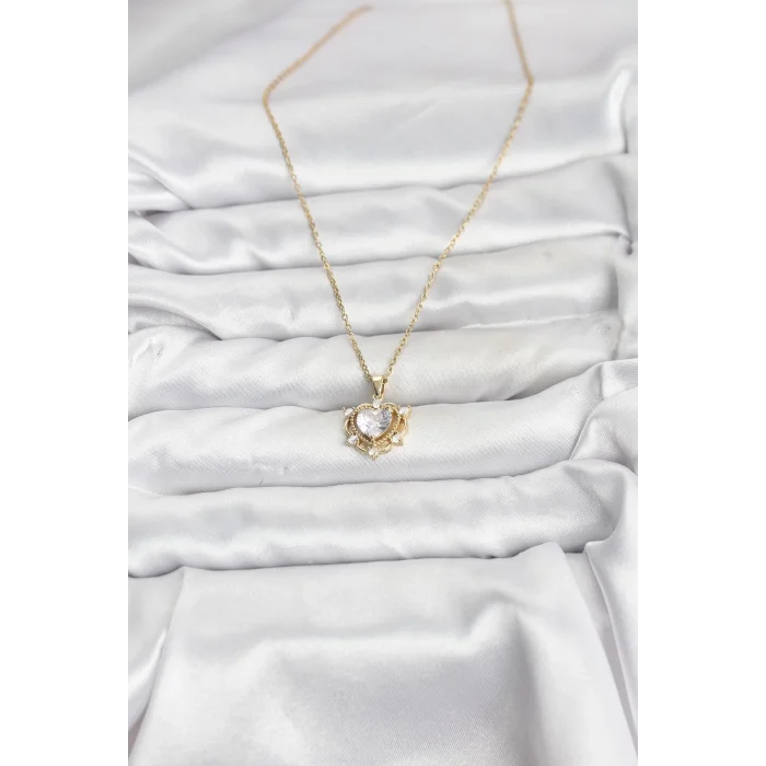 BUĞZ 316L Çelik Zincir Gold Renk Kalp Model Zirkon Taşlı Kadın Kolye