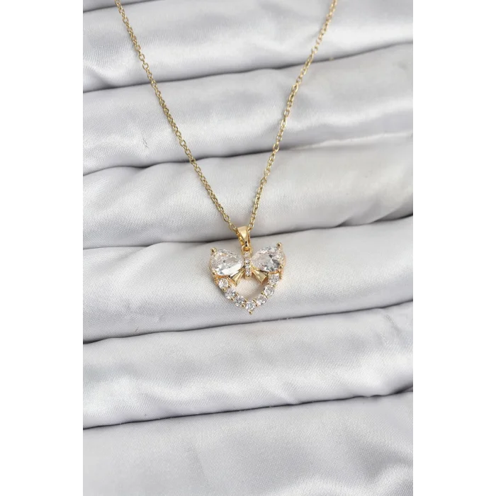 BUĞZ 316L Çelik Zincir Gold Renk Kalp ve Fiyonk Model Zirkon Taşlı Kadın Kolye