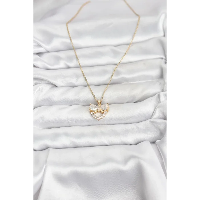 BUĞZ 316L Çelik Zincir Gold Renk Kalp ve Fiyonk Model Zirkon Taşlı Kadın Kolye