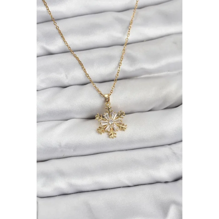 BUĞZ 316L Çelik Zincir Gold Renk Kar Tanesi Model Zirkon Taşlı Kadın Kolye