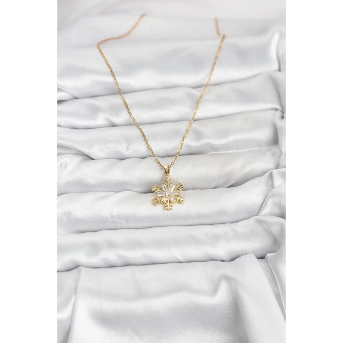 BUĞZ 316L Çelik Zincir Gold Renk Kar Tanesi Model Zirkon Taşlı Kadın Kolye