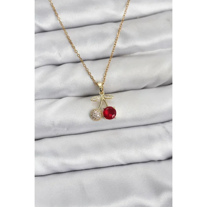 BUĞZ 316L Çelik Zincir Gold Renk Kiraz Model Zirkon Taşlı Kadın Kolye