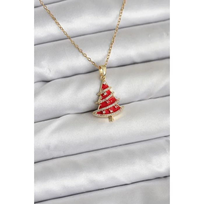 BUĞZ 316L Çelik Zincir Gold Renk Kırmızı Çam Ağacı Model Yılbaşı Temalı Kadın Kolye