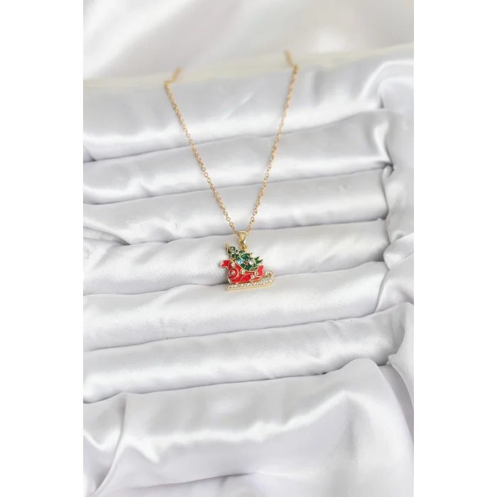 BUĞZ 316L Çelik Zincir Gold Renk Kızak ve Çam Ağacı Figürlü Yılbaşı Temalı Kadın Kolye - Lisinya