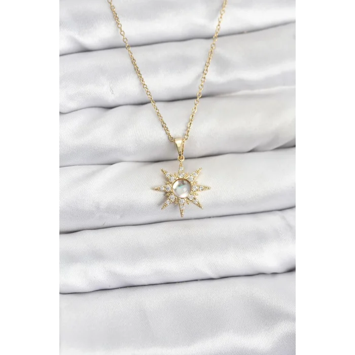 BUĞZ 316L Çelik Zincir Gold Renk Kutup Yıldızı Model Zirkon Taşlı Kadın Kolye