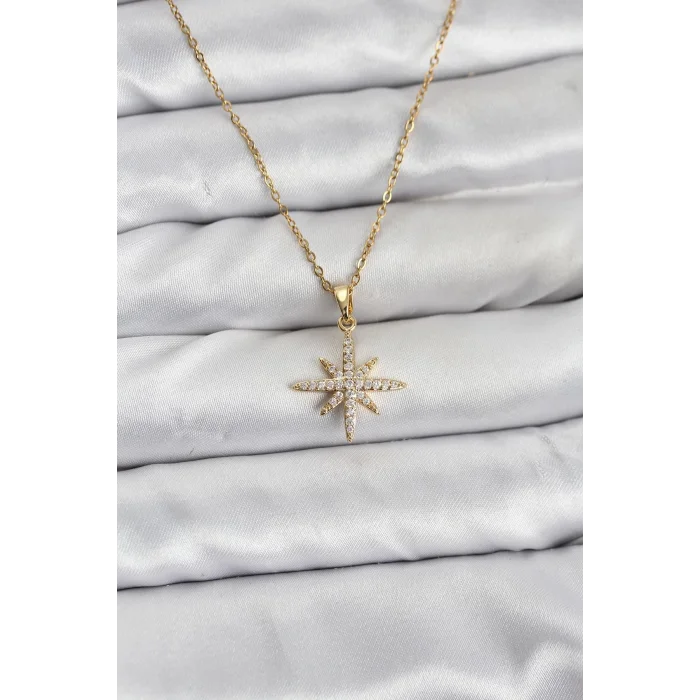 BUĞZ 316L Çelik Zincir Gold Renk Kutup Yıldızı Model Zirkon Taşlı Kadın Kolye