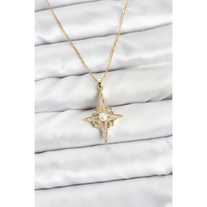 BUĞZ 316L Çelik Zincir Gold Renk Kutup Yıldızı Model Zirkon Taşlı Kadın Kolye
