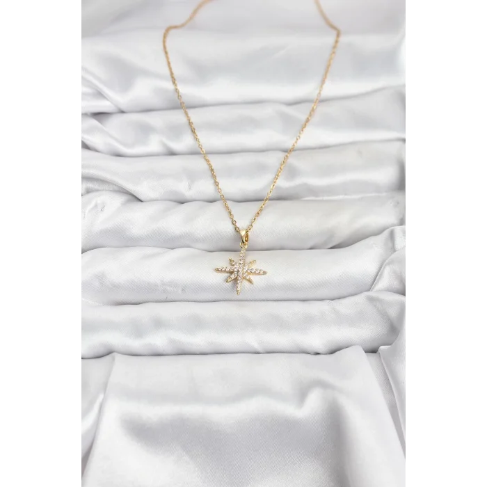BUĞZ 316L Çelik Zincir Gold Renk Kutup Yıldızı Model Zirkon Taşlı Kadın Kolye