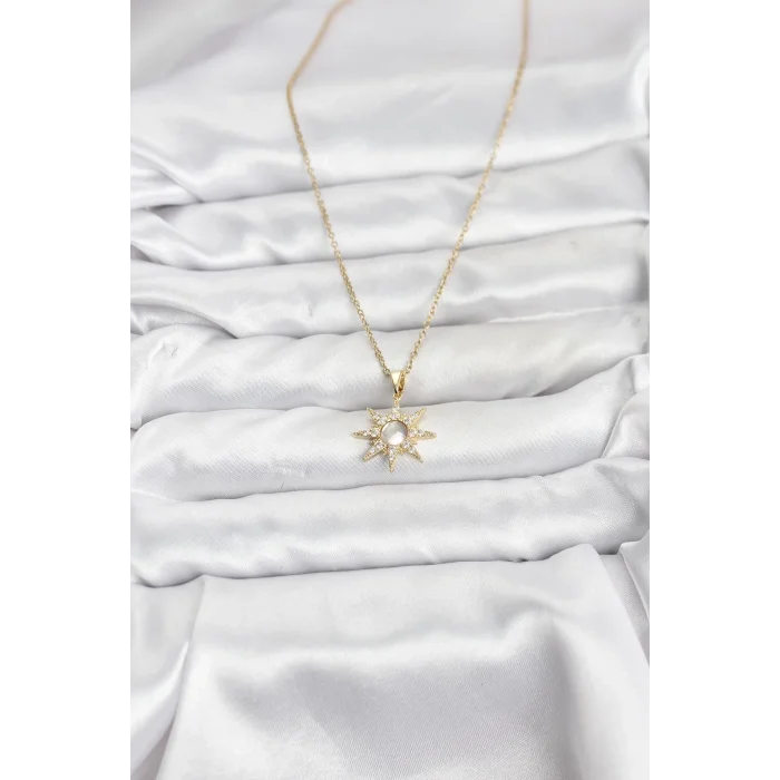 BUĞZ 316L Çelik Zincir Gold Renk Kutup Yıldızı Model Zirkon Taşlı Kadın Kolye