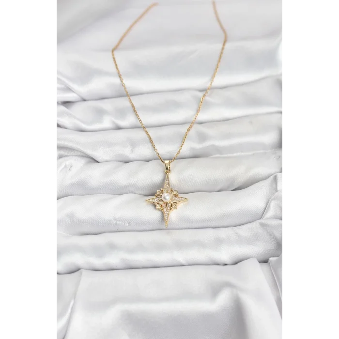 BUĞZ 316L Çelik Zincir Gold Renk Kutup Yıldızı Model Zirkon Taşlı Kadın Kolye