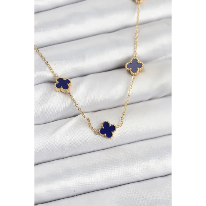 BUĞZ 316L Çelik Zincir Gold Renk Lacivert Baby Boy Yonca Kadın Kolye