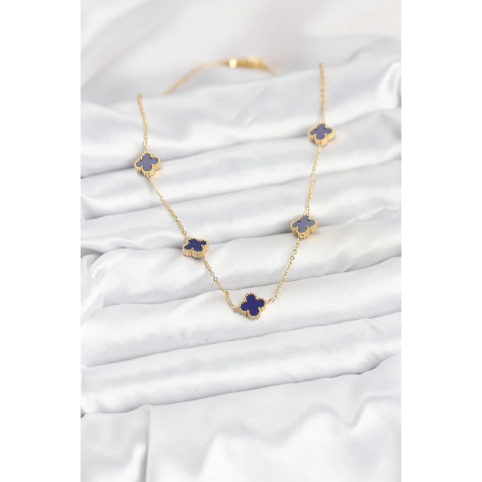 BUĞZ 316L Çelik Zincir Gold Renk Lacivert Baby Boy Yonca Kadın Kolye