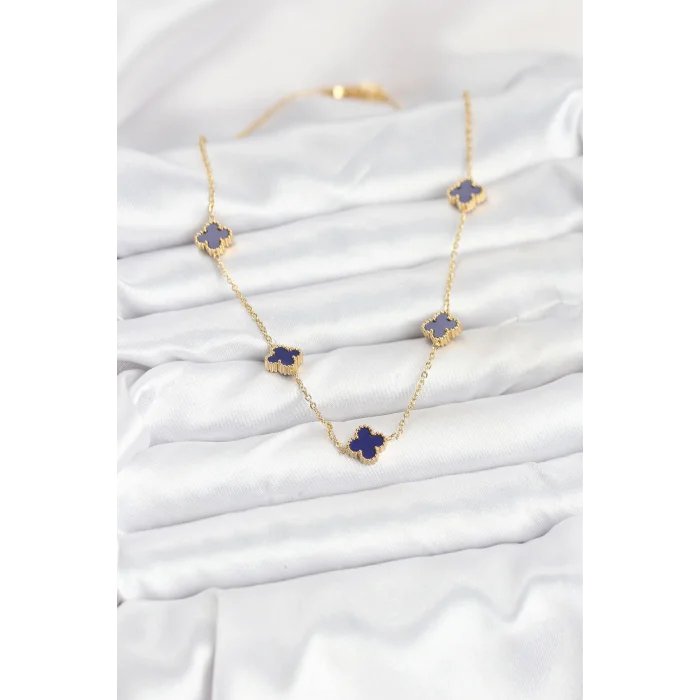 BUĞZ 316L Çelik Zincir Gold Renk Lacivert Baby Boy Yonca Kadın Kolye - Lisinya