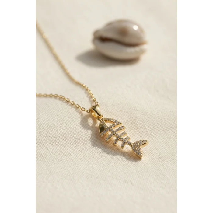 BUĞZ 316L Çelik Zincir Gold Renk Minimal Zirkon Taşlı Balık Kılçığı Kolye