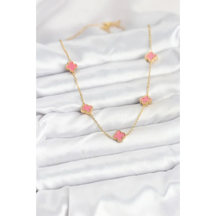 BUĞZ 316L Çelik Zincir Gold Renk Pembe Baby Boy Yonca Kadın Kolye - Lisinya