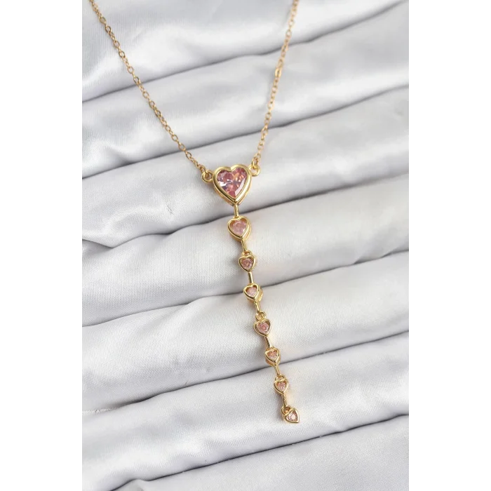 BUĞZ 316L Çelik Zincir Gold Renk Pembe Kalp Kadın Kolye