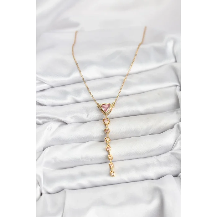 BUĞZ 316L Çelik Zincir Gold Renk Pembe Kalp Kadın Kolye