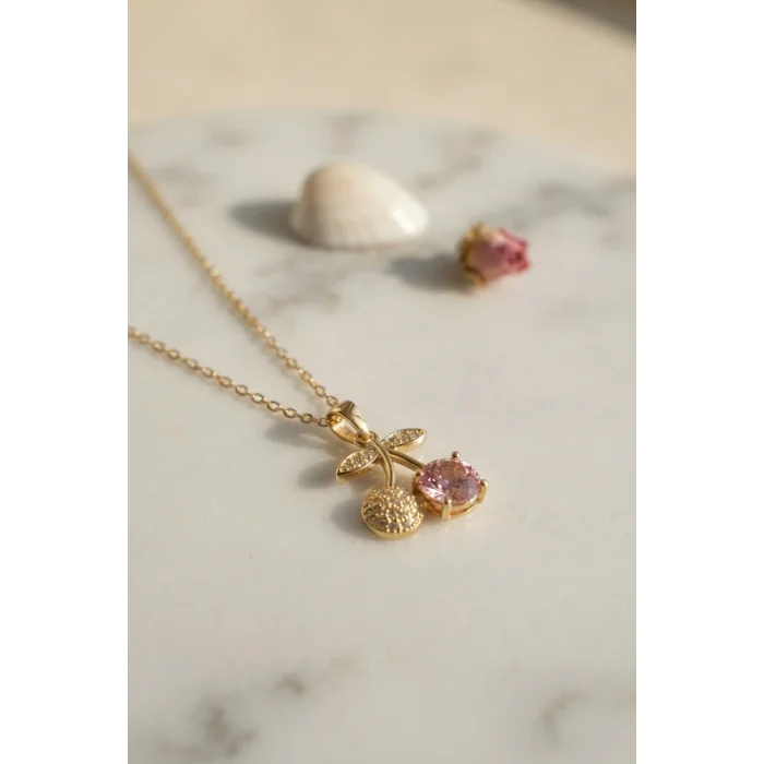 BUĞZ 316L Çelik Zincir Gold Renk Pembe Kiraz Model Kolye