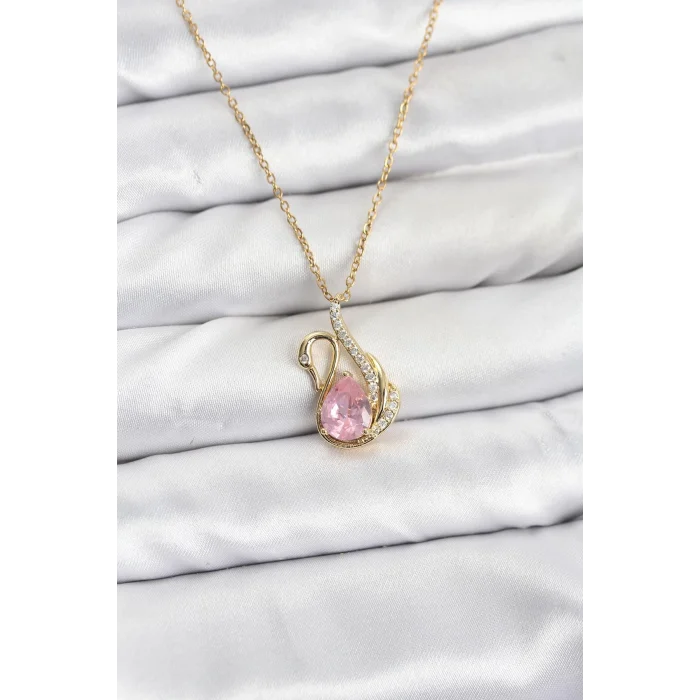 BUĞZ 316L Çelik Zincir Gold Renk Pembe Kuğu Model Zirkon Taşlı Kadın Kolye