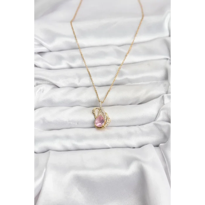 BUĞZ 316L Çelik Zincir Gold Renk Pembe Kuğu Model Zirkon Taşlı Kadın Kolye