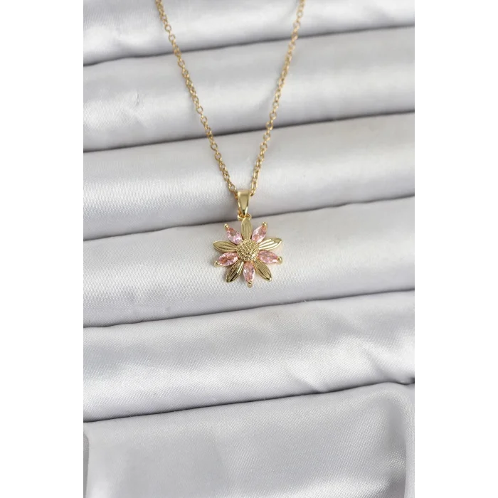 BUĞZ 316L Çelik Zincir Gold Renk Pembe Papatya Model Kadın Kolye