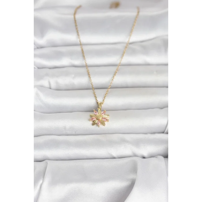 BUĞZ 316L Çelik Zincir Gold Renk Pembe Papatya Model Kadın Kolye
