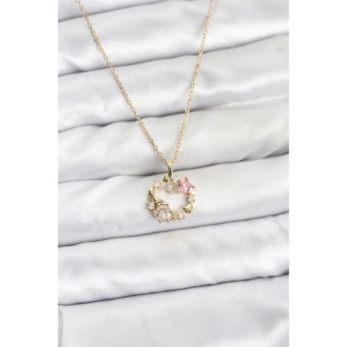 BUĞZ 316L Çelik Zincir Gold Renk Pembe Taş Detaylı Çelenk Model Kadın Kolye