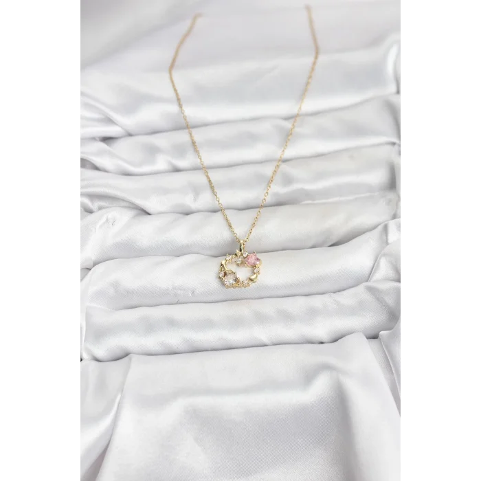 BUĞZ 316L Çelik Zincir Gold Renk Pembe Taş Detaylı Çelenk Model Kadın Kolye - BUĞZ