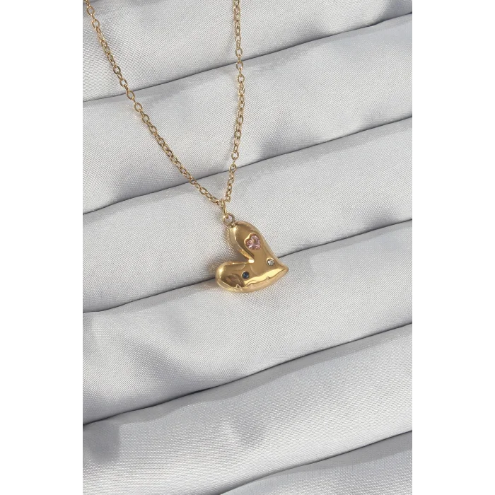 BUĞZ 316L Çelik Zincir Gold Renk Renkli Zirkon Taşlı Kalp Kolye