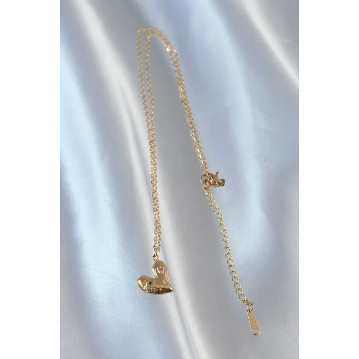 BUĞZ 316L Çelik Zincir Gold Renk Renkli Zirkon Taşlı Kalp Kolye