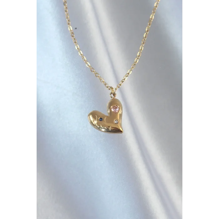 BUĞZ 316L Çelik Zincir Gold Renk Renkli Zirkon Taşlı Kalp Kolye - Lisinya