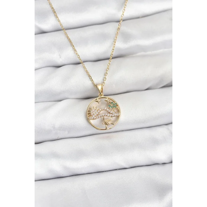 BUĞZ 316L Çelik Zincir Gold Renk Şans Kolyesi Model Zirkon Taşlı Kadın Kolye