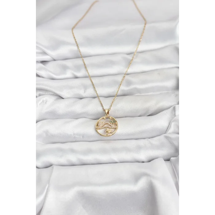 BUĞZ 316L Çelik Zincir Gold Renk Şans Kolyesi Model Zirkon Taşlı Kadın Kolye - BUĞZ