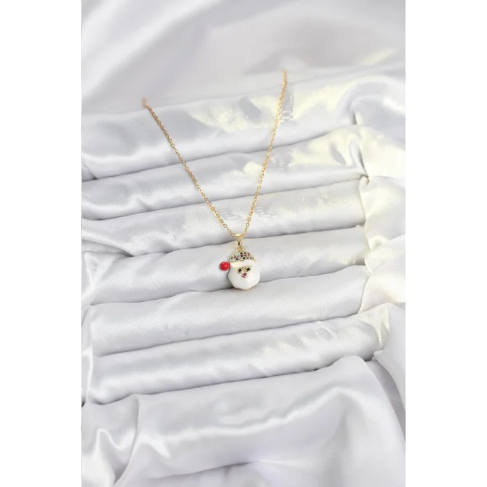 BUĞZ 316L Çelik Zincir Gold Renk Şapkalı Kardan Adam Kafası Model Yılbaşı Temalı Kadın Kolye
