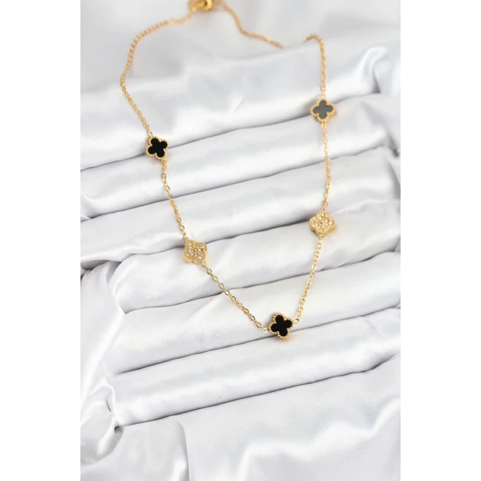 BUĞZ 316L Çelik Zincir Gold Renk Siyah ve Zirkon Taşlı Baby Boy Yonca Kadın Kolye