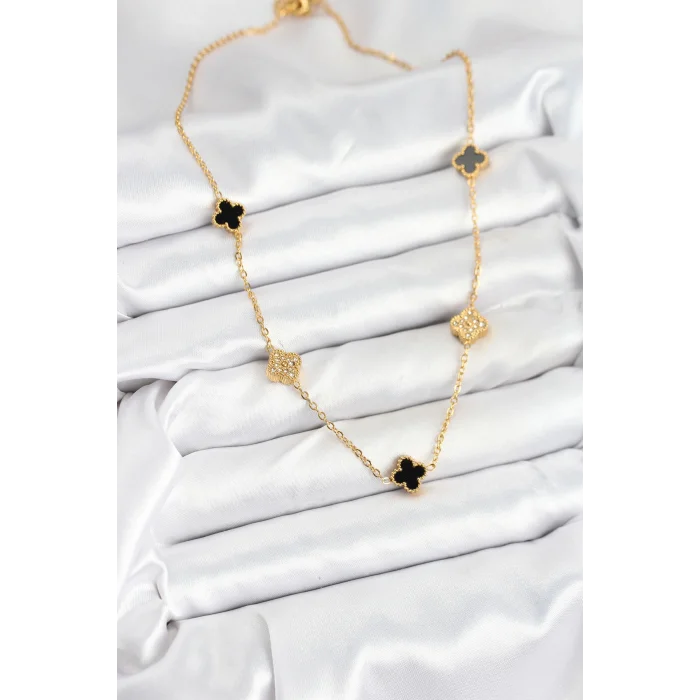 BUĞZ 316L Çelik Zincir Gold Renk Siyah ve Zirkon Taşlı Baby Boy Yonca Kadın Kolye - Lisinya