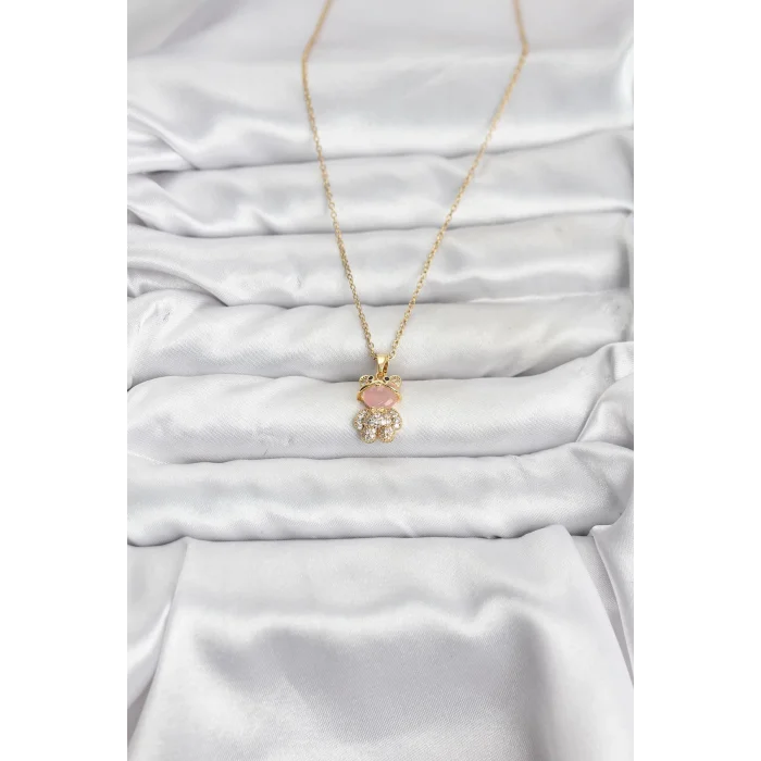 BUĞZ 316L Çelik Zincir Gold Renk Teddy Bear Model Zirkon Taşlı Kadın Kolye - BUĞZ