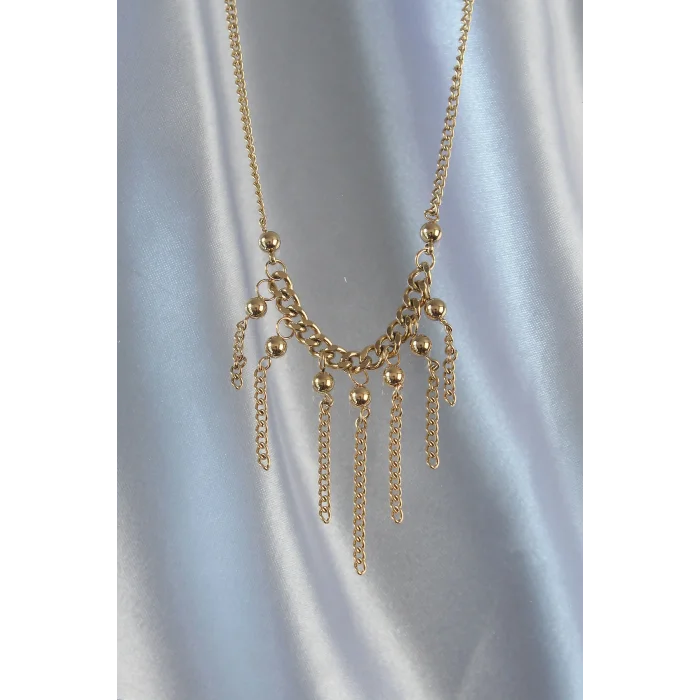 BUĞZ 316L Çelik Zincir Gold Renk Topçuk Detay Sallantılı Zincir Kolye - Lisinya