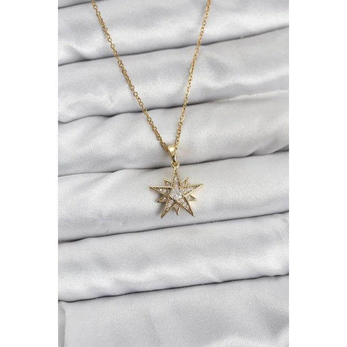 BUĞZ 316L Çelik Zincir Gold Renk Yıldız Model Zirkon Taşlı Kadın Kolye