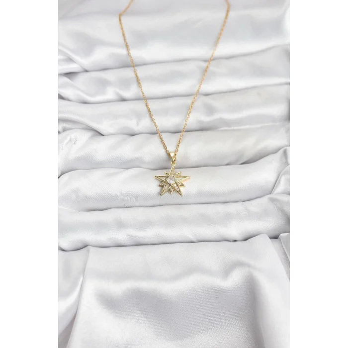 BUĞZ 316L Çelik Zincir Gold Renk Yıldız Model Zirkon Taşlı Kadın Kolye