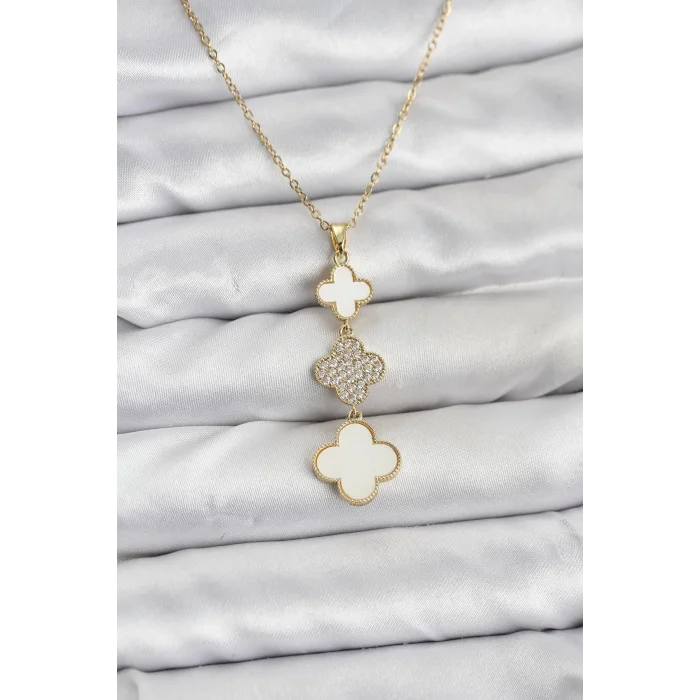 BUĞZ 316L Çelik Zincir Gold Renk Yonca Detaylı Zirkon Taşlı Kadın Kolye