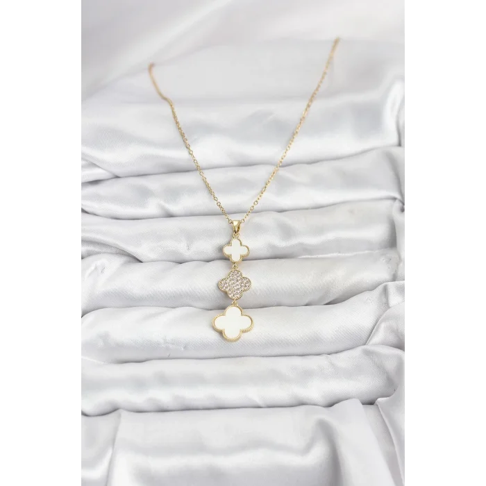 BUĞZ 316L Çelik Zincir Gold Renk Yonca Detaylı Zirkon Taşlı Kadın Kolye