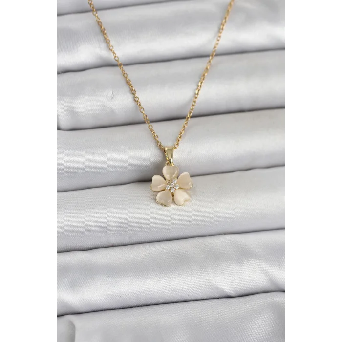 BUĞZ 316L Çelik Zincir Gold Renk Yonca Model Kadın Kolye