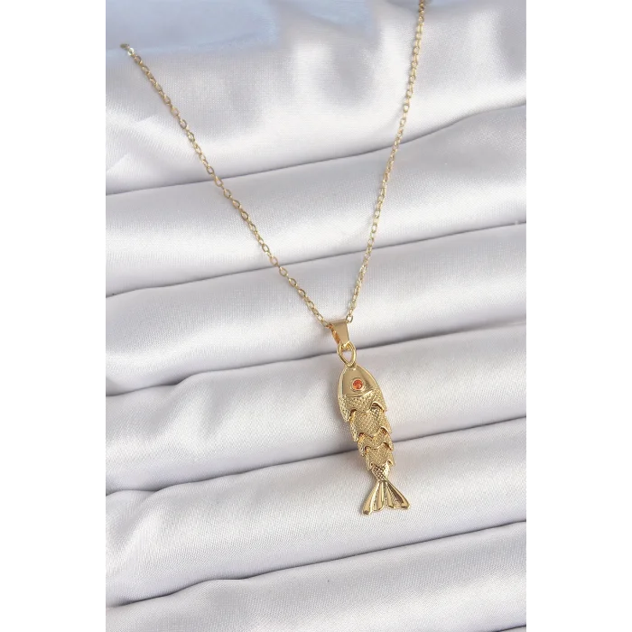 BUĞZ 316L Çelik Zincir Gold Renk Zirkon Taşlı Balık Figürlü Kolye